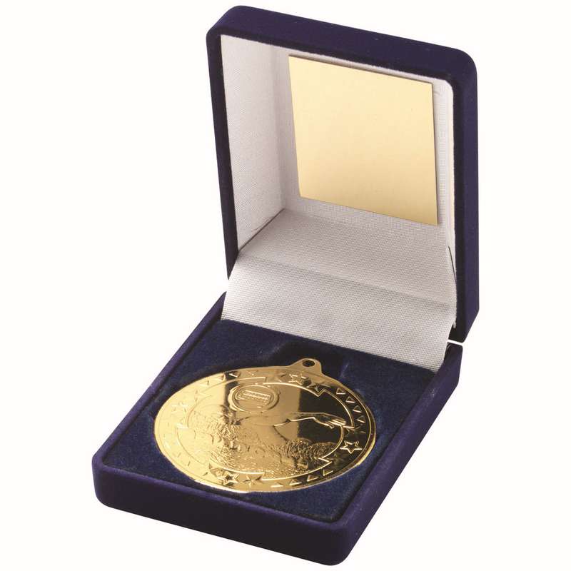 BLUE VELVET BOX AND 50mm MEDAL SWIMMING TROPHY GOLD – 3.5in