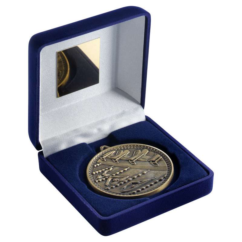 BLUE VELVET BOX AND 60mm MEDAL SWIMMING TROPHY ANTIQUE GOLD – 4in