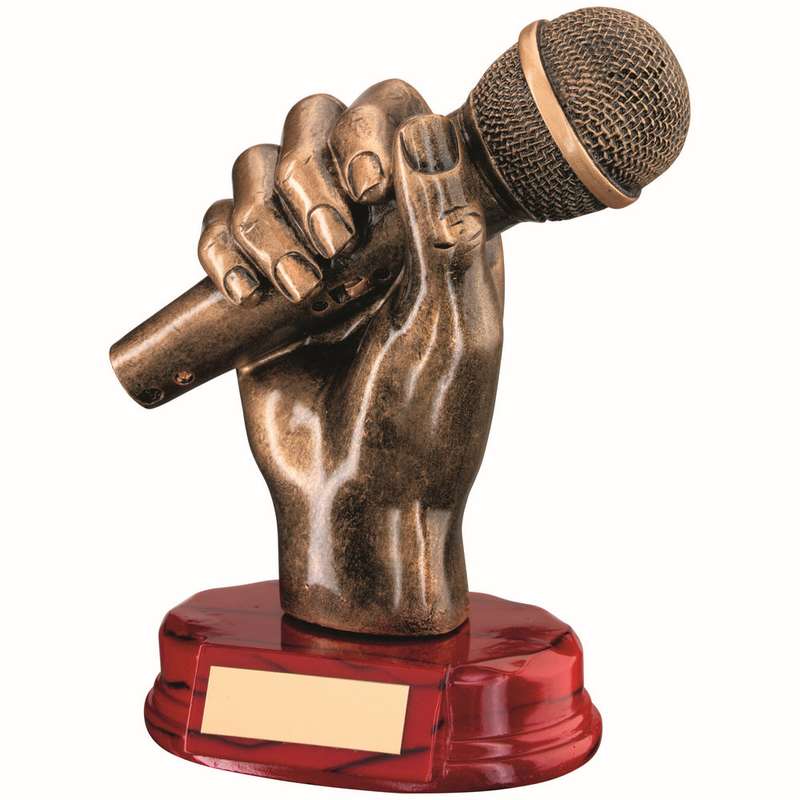 BRZ/GOLD RESIN MICROPHONE IN HAND WITH PLATE – 7in