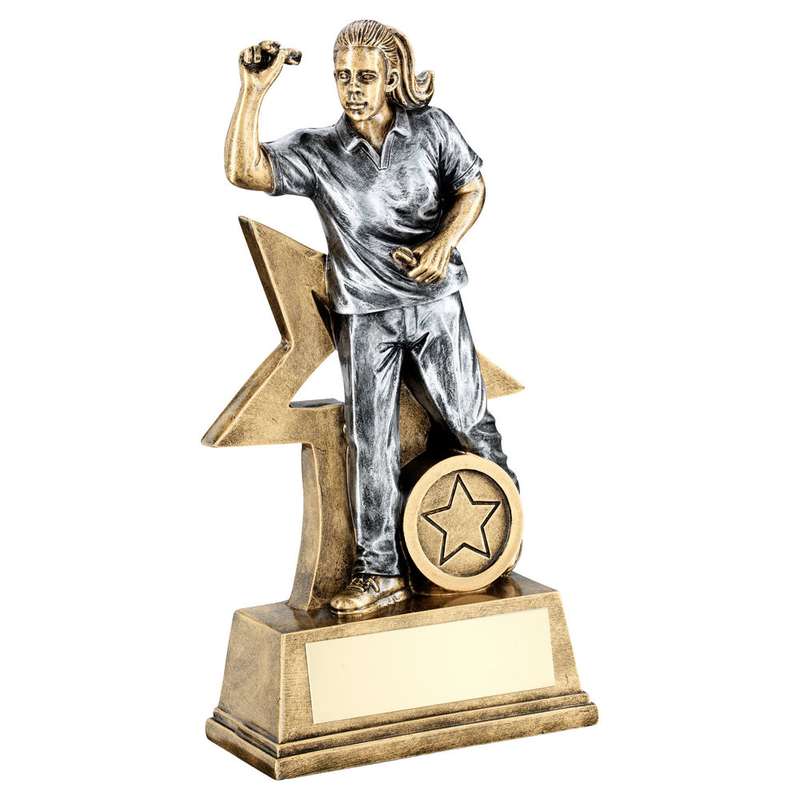 BRZ/GOLD/PEW FEMALE DARTS FIGURE WITH STAR BACKING WITH PLATE (1in CENTRE) – 6in