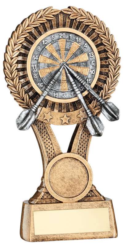 BRZ/GOLD/PEW DARTS ROUND WREATH ON V RISER WITH PLATE (1in CEN) – 5in