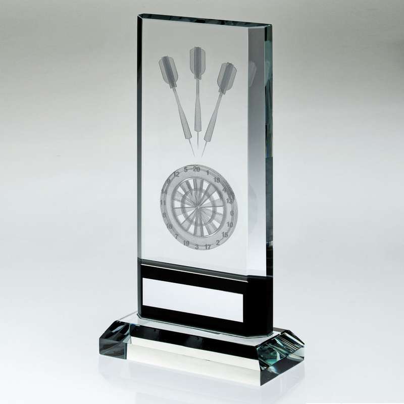 CLEAR/BLACK GLASS WITH LASERED DARTS IMAGE AND PLATE (15mm THICK) – 6.75in