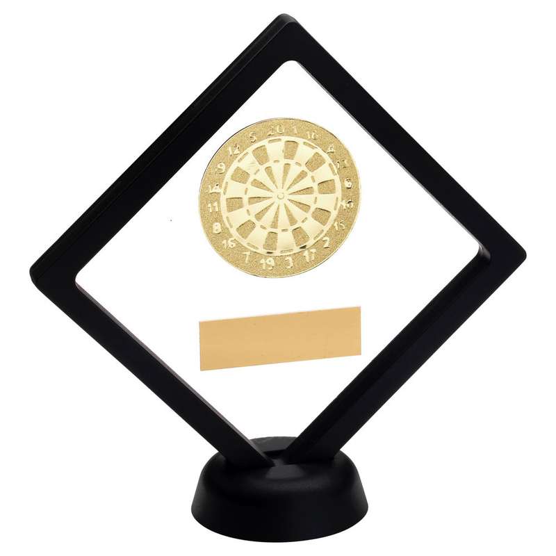 BLACK/CLEAR PLASTIC BOX WITH DARTS INSERT TROPHY GOLD – 6in