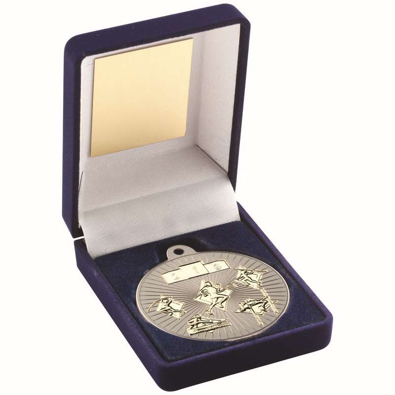 BLUE VELVET BOX AND 50mm MULTI ATHLETICS MEDAL TROPHY MATT SILVER/GOLD – 3.5in