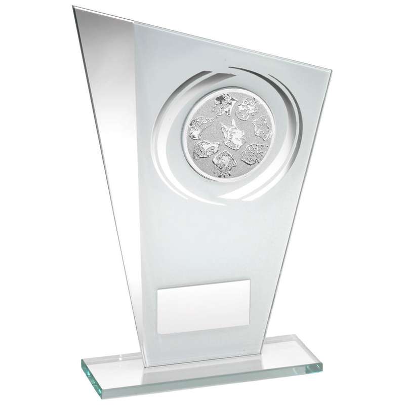 WHITE/SILVER PRINTED GLASS PLAQUE WITH DOG INSERT WITH PLATE – 8in