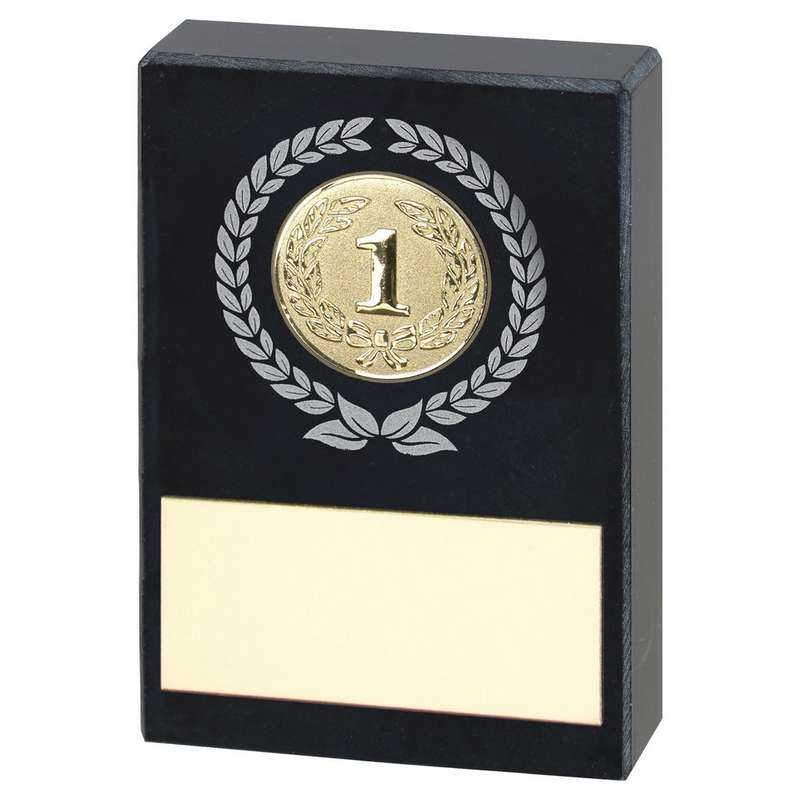 BLACK MARBLE WITH SILVER/GOLD WREATH AND PLATE (1in CENTRE) – 2.5×1.75in
