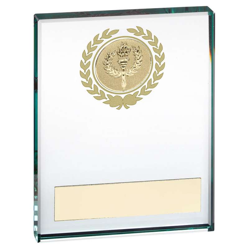 JADE GLASS BLOCK WITH GOLD WREATH 12mm THICK WITH PLATE (1in CENTRE) – 2 x 3in