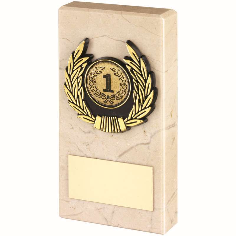 CREAM MARBLE AND GOLD TRIM ASSEMBLED TROPHY (1in CENTRE) – 4 x 2in