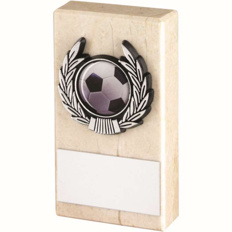 CREAM MARBLE AND SILVER TRIM ASSEMBLED TROPHY (1in CENTRE) – 4 x 2in