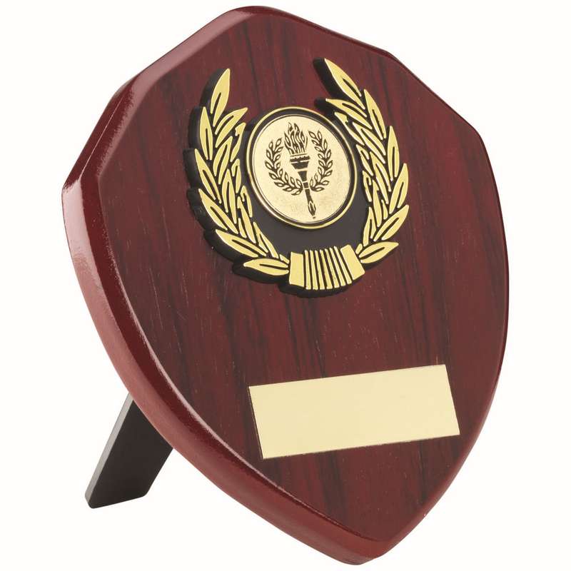 ROSEWOOD SHIELD AND GOLD TRIM ASSEMBLED TROPHY (1in CENTRE) – 4in