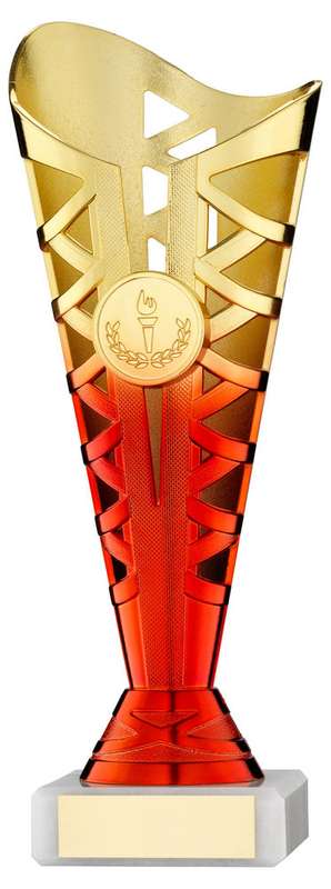 GOLD/RED PLASTIC TITAN CUP ASSEMBLED ON MARBLE (1in CEN) – 8.75in