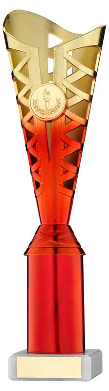 GOLD/RED PLASTIC TITAN CUP ASSEMBLED ON MARBLE (1in CEN) – 9.75in