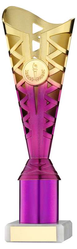 GOLD/PURPLE PLASTIC TITAN CUP ASSEMBLED ON MARBLE (1in CEN) – 9.75in