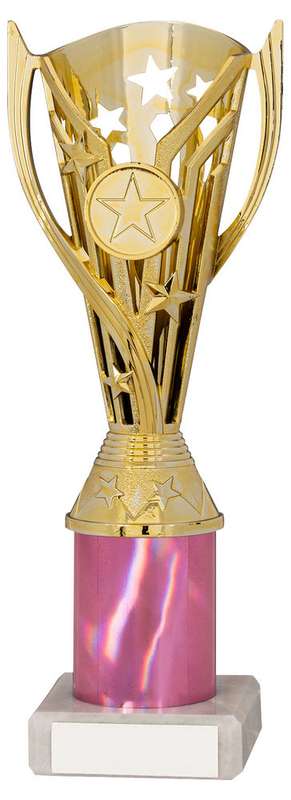 GOLD/PINK PLASTIC FLASH CUP ASSEMBLED ON MARBLE (1in CEN) – 8in