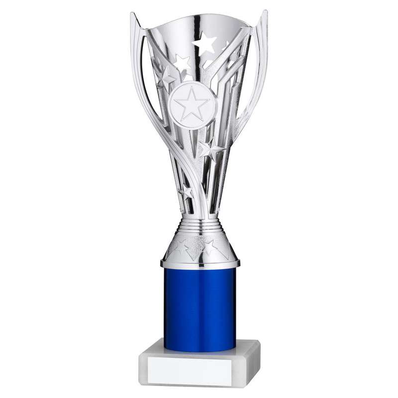 SILVER/BLUE PLASTIC FLASH CUP ASSEMBLED ON MARBLE (1in CEN) – 11in