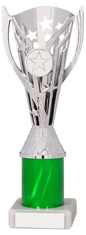 SILVER/GREEN PLASTIC FLASH CUP ASSEMBLED ON MARBLE (1in CEN) – 8in