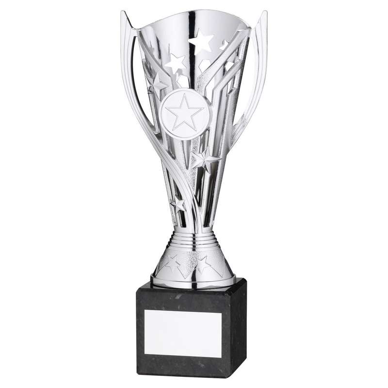 SILVER PLASTIC FLASH CUP ON BLACK MARBLE ASSEMBLED TROPHY (1″ CEN) – 6.75in