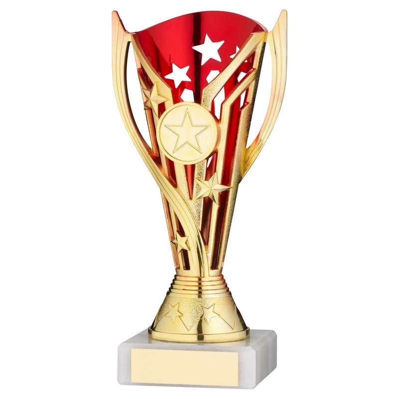 GOLD/RED PLASTIC FLASH CUP ASSEMBLED ON MARBLE (1in CEN) – 7in