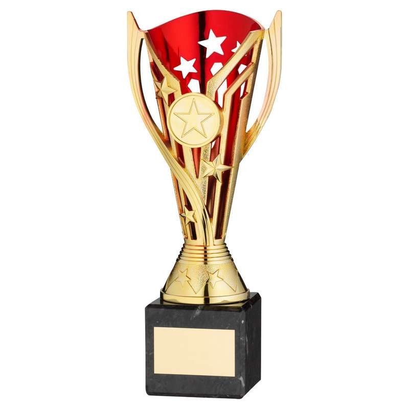 GOLD/RED PLASTIC FLASH CUP ON BLACK MARBLE ASSEMBLED TROPHY (1″ CEN) – 6.75in