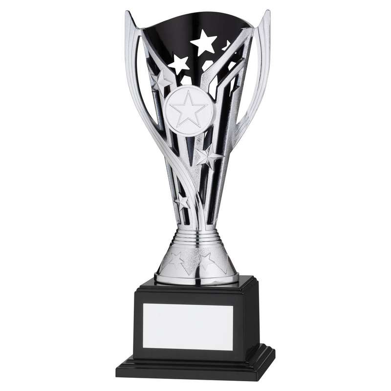SILVER/BLACK PLASTIC FLASH CUP ON BASE ASSEMBLED TROPHY (1″ CEN) – 7.5in