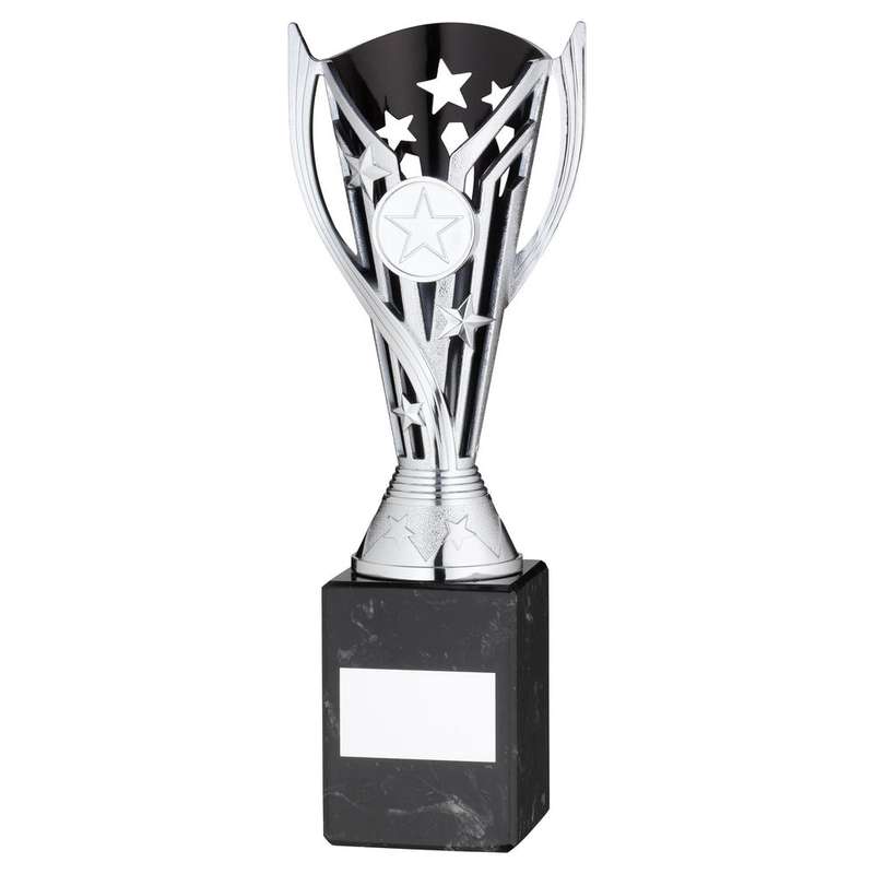 SILVER/BLK PLASTIC FLASH CUP ON BLK MARBLE ASSEMBLED TROPHY (1″ CEN) – 6.75in