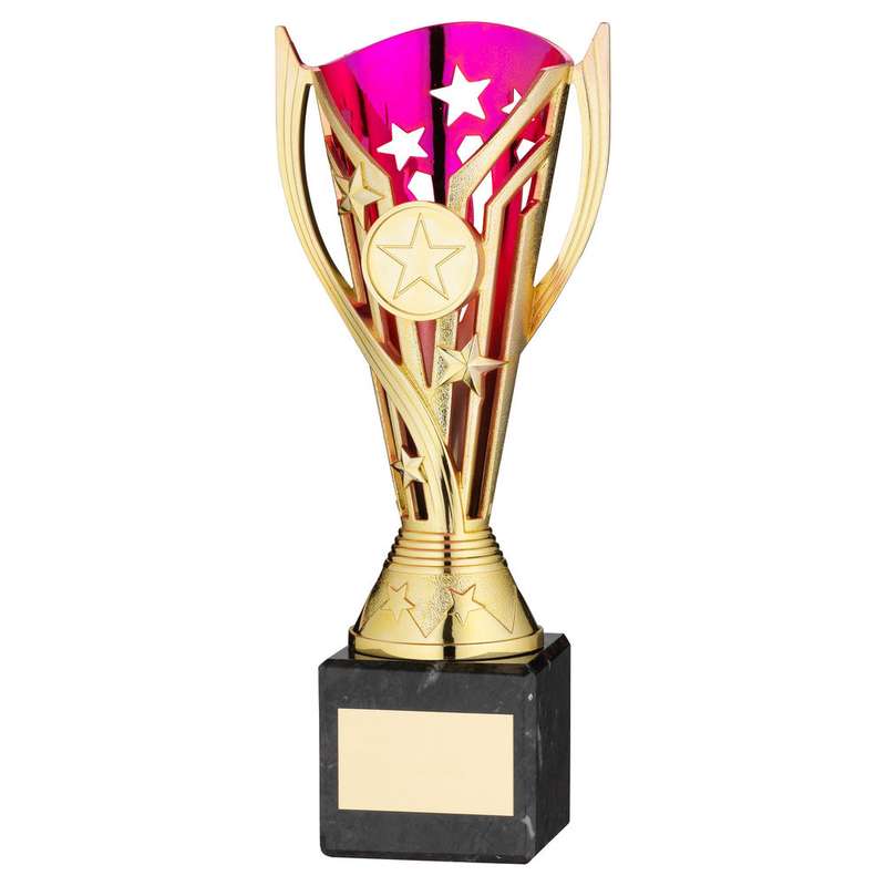 GOLD/PURPLE PLASTIC FLASH CUP ON BLK MARBLE ASSEMBLED TROPHY (1″ CEN) – 6.75in