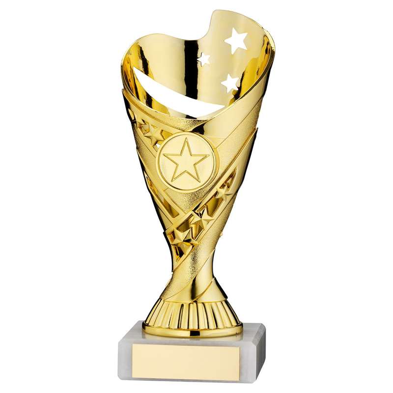 GOLD PLASTIC SABRE CUP ASSEMBLED ON MARBLE (1in CEN) – 7in