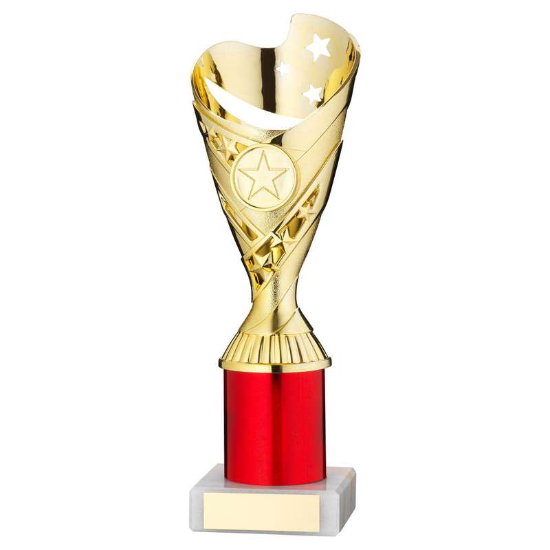 GOLD/RED PLASTIC SABRE CUP ASSEMBLED ON MARBLE (1in CEN) – 11in