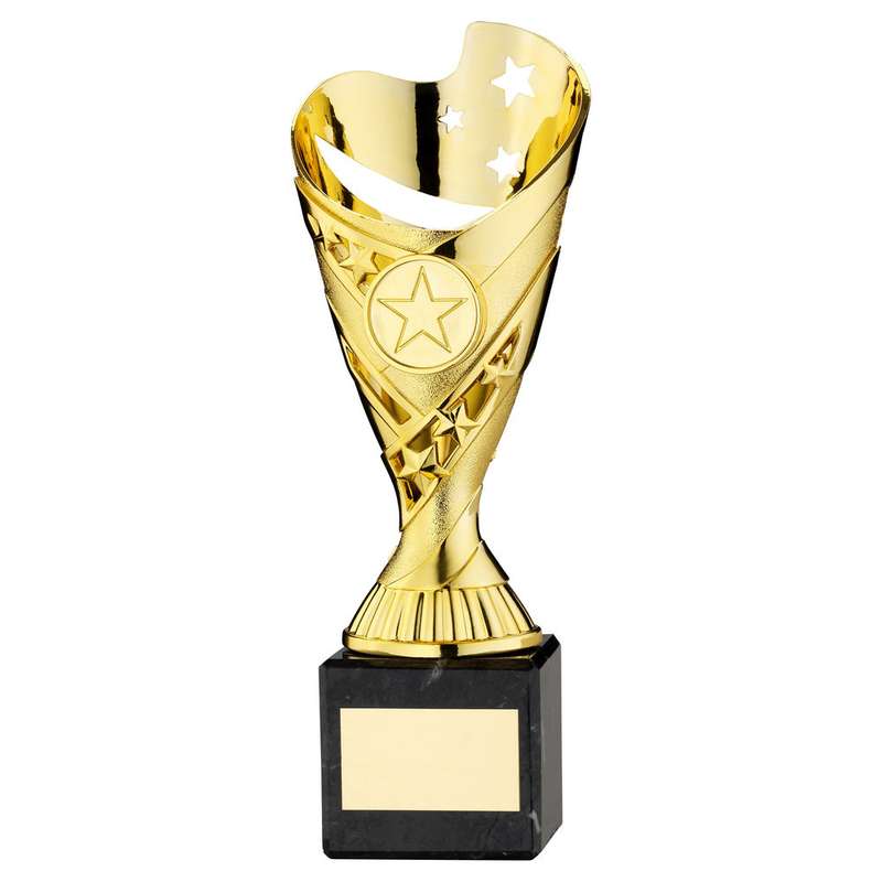 GOLD PLASTIC SABRE CUP ON BLACK MARBLE ASSEMBLED TROPHY (1″ CEN) – 6.75in