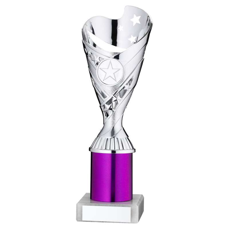 SILVER/PURPLE PLASTIC SABRE CUP ASSEMBLED ON MARBLE (1in CEN) – 8in