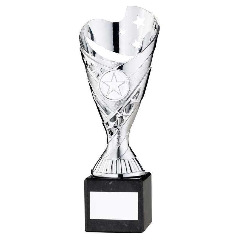 SILVER PLASTIC SABRE CUP ON BLACK MARBLE ASSEMBLED TROPHY (1″ CEN) – 6.75in