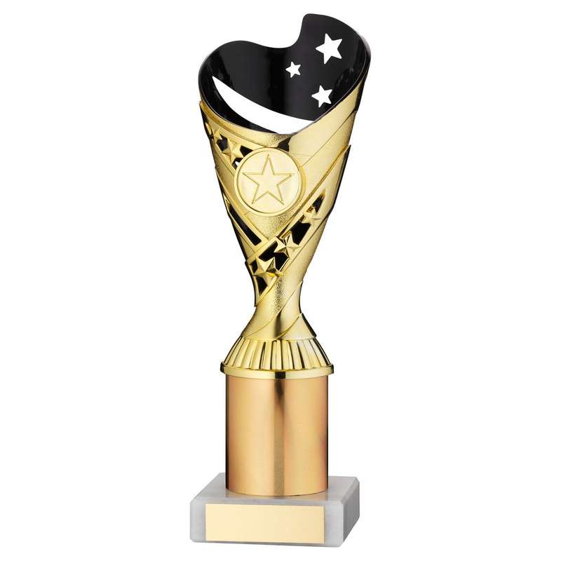 GOLD/BLACK PLASTIC SABRE CUP ASSEMBLED ON MARBLE WITH TUBE (1in CEN) – 8in