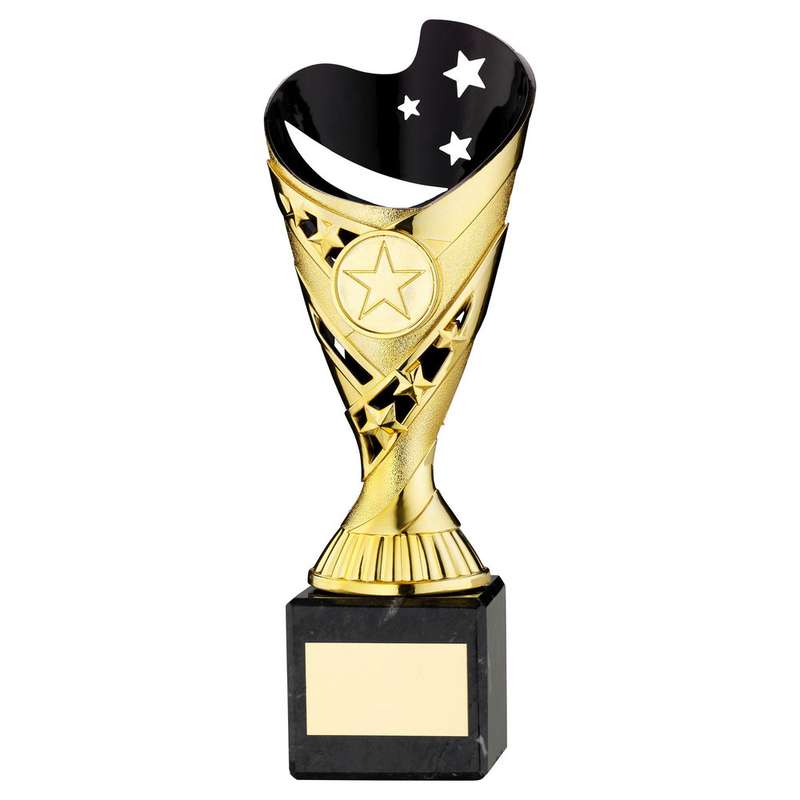 GOLD/BLK PLASTIC SABRE CUP ON BLK MARBLE ASSEMBLED TROPHY (1″ CEN) – 6.75in