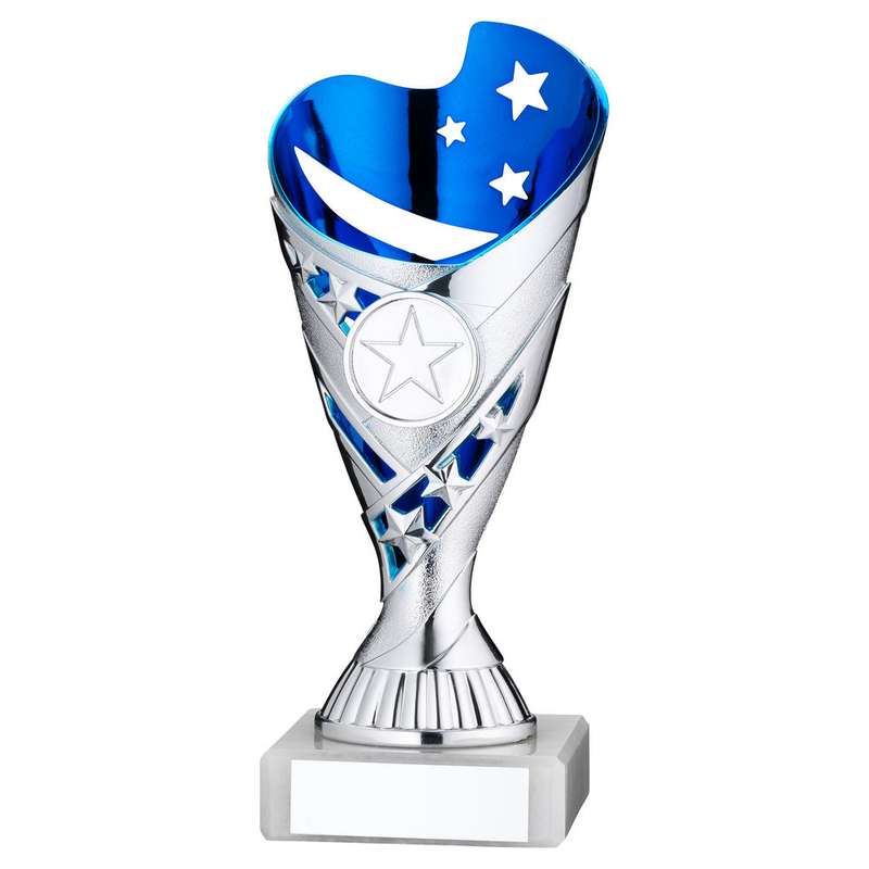 SILVER/BLUE PLASTIC SABRE CUP ASSEMBLED ON MARBLE (1in CEN) – 7in