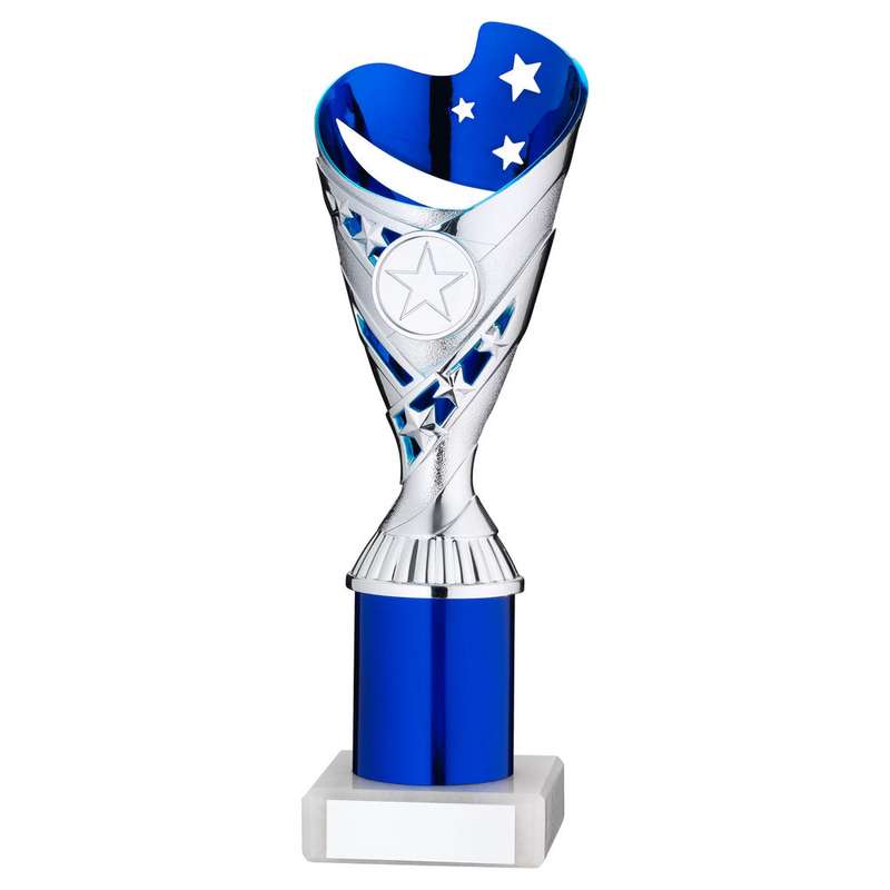 SILVER/BLUE PLASTIC SABRE CUP ASSEMBLED ON MARBLE WITH TUBE (1in CEN) – 8in
