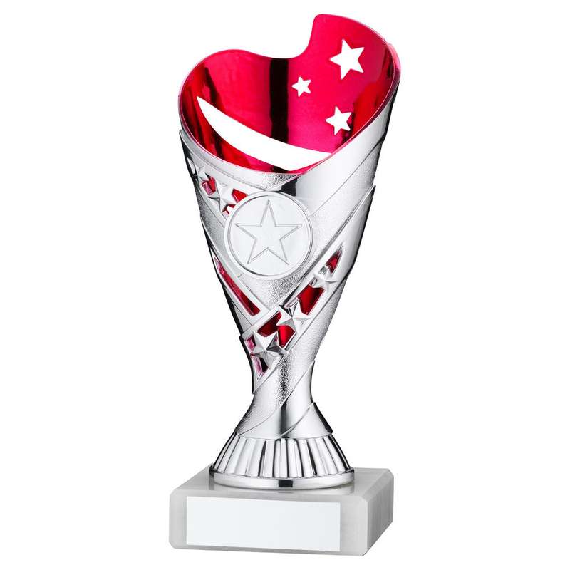 SILVER/PINK PLASTIC SABRE CUP ASSEMBLED ON MARBLE (1in CEN) – 7in