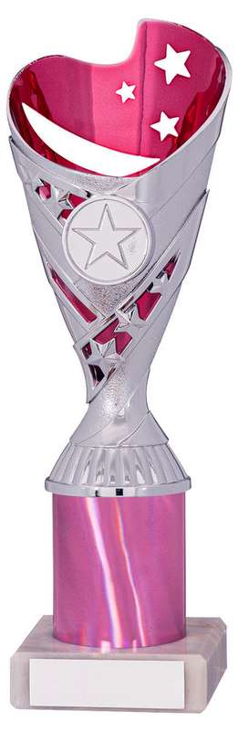 PINK/SILVER PLASTIC SABRE CUP ASSEMBLED ON MARBLE (1in CEN) – 8in
