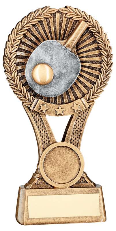BRZ/GOLD/PEW TABLE TENNIS ROUND WREATH ON V RISER WITH PLATE (1in CEN) – 5in