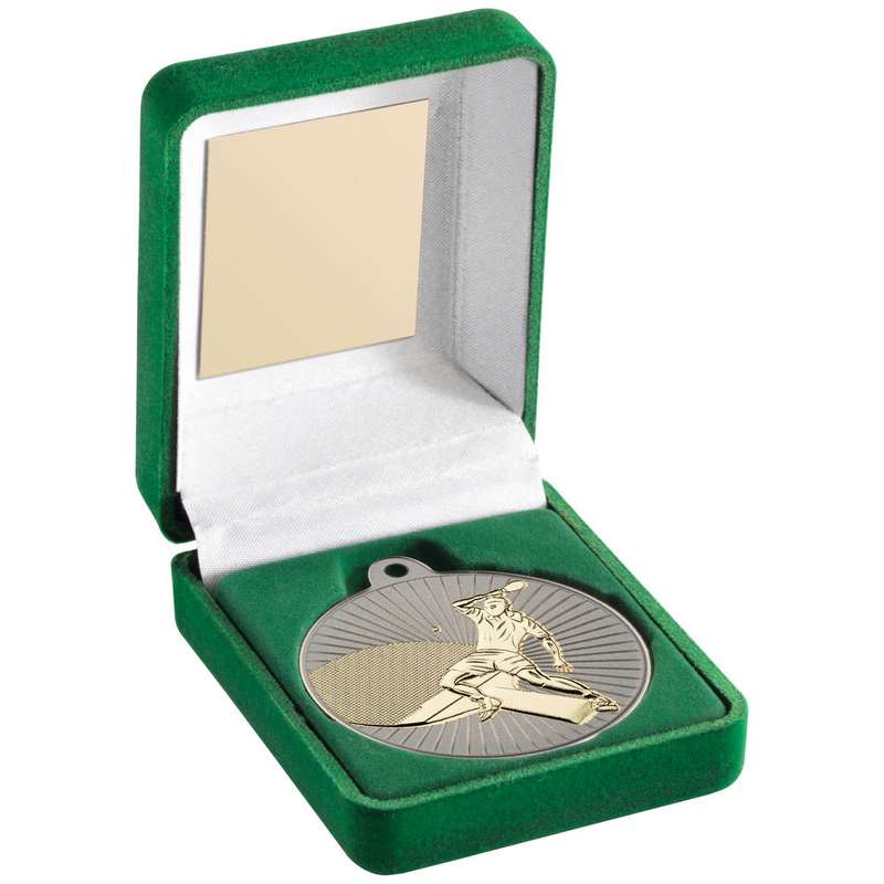 GREEN VELVET BOX AND 50mm TABLE TENNIS MEDAL TROPHY MATT SILVER/GOLD – 3.5in