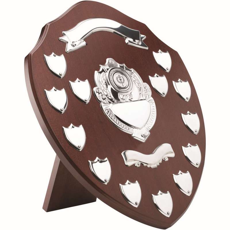 MAHOGANY SHIELD WITH CHROME FRONTS AND 13 RECORD SHIELDS (1in CENTRE) – 14in