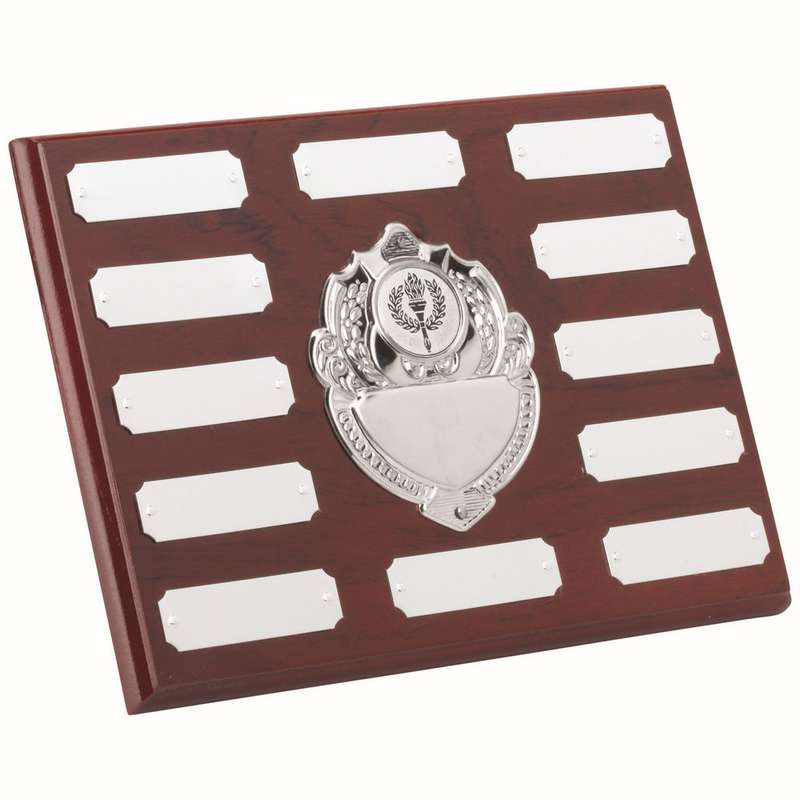 ROSEWOOD PLAQUE WITH CHROME FRONTS AND PLATES (1in CEN) 12 PLATES – 6 x 8in