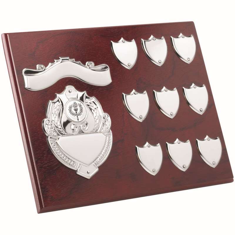 ROSEWOOD PLAQUE WITH CHROME FRONTS AND 9 RECORD SHIELDS (1in CEN) – 8 x 10in