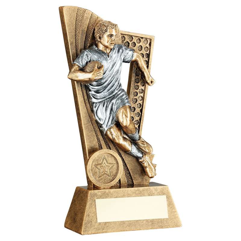 BRZ/PEW RUGBY MALE FIGURE ON BACKDROP WITH PLATE (1in CENTRE) – 6in