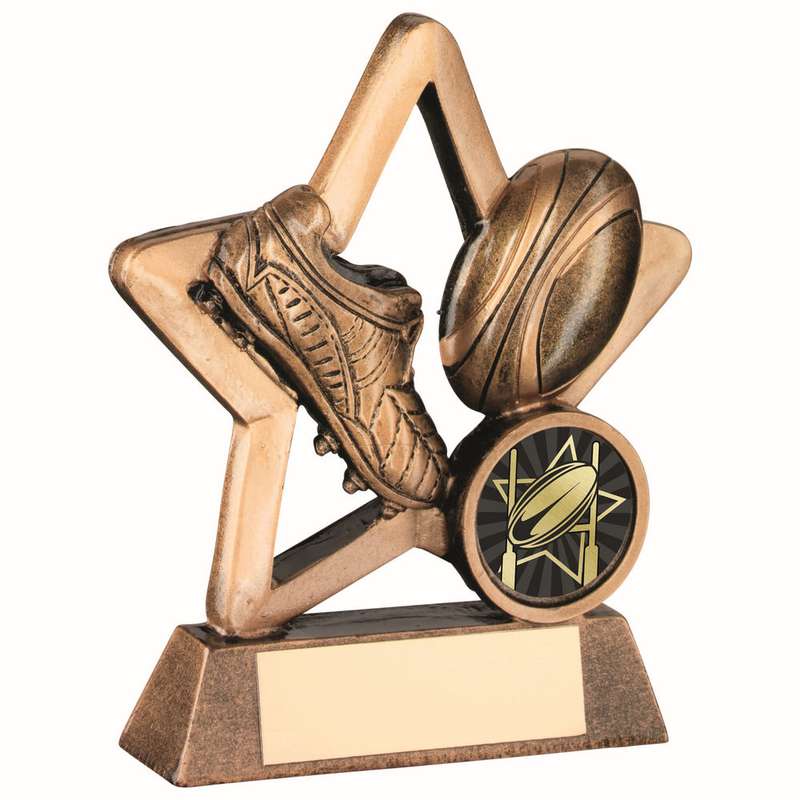 BRZ/GOLD RESIN RUGBY MINI STAR WITH PLATE (1in CENTRE) – 3.75in