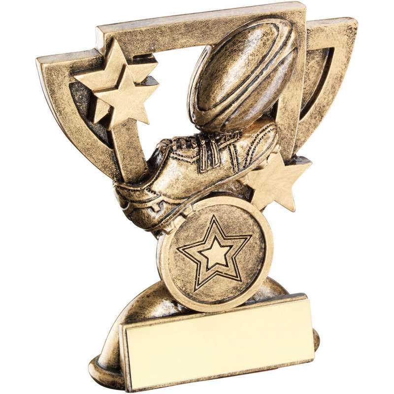 BRZ/GOLD RUGBY MINI CUP WITH PLATE (1in CENTRE) – 3.75in