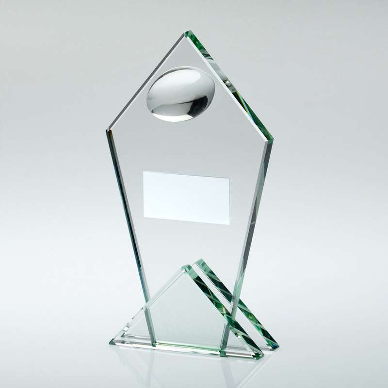 JADE GLASS POINTED PLAQUE WITH HALF RUGBY BALL AND PLATE – 5.75in
