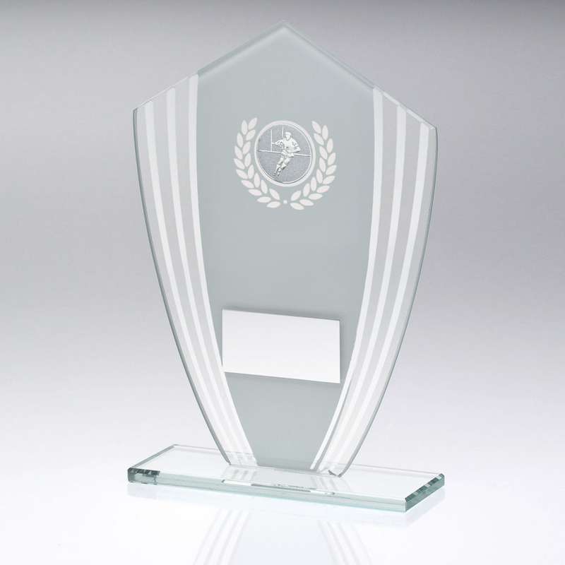 WHITE/SILVER GLASS SHIELD PLAQUE WITH RUGBY INSERT & PLATE – 6.5in