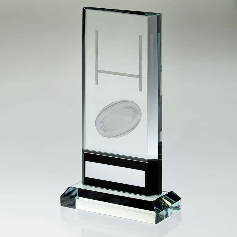 CLEAR/BLACK GLASS WITH LASERED RUGBY IMAGE AND PLATE (15mm THICK) – 6.75in