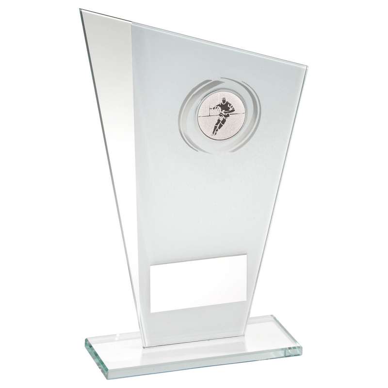 WHITE/SILVER PRINTED GLASS PLAQUE WITH RUGBY INSERT WITH PLATE – 8in
