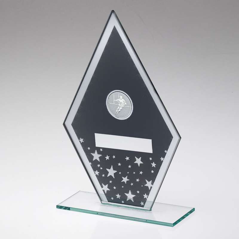 GREY/SILVER PRINTED GLASS DIAMOND WITH RUGBY CENTRE AND PLATE – 6.5in